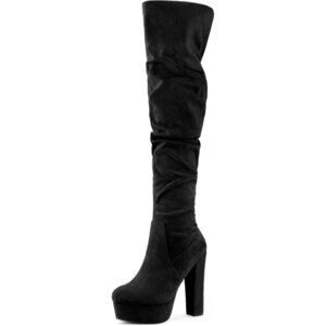 Women Black Platform Round Toe Zipper Slouch Heel Over the Knee Thigh High Boot